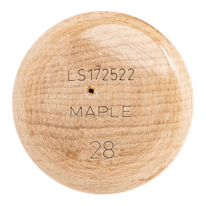 End view of a natural wood baseball bat with LS172522, MAPLE, and 28 engraved.
