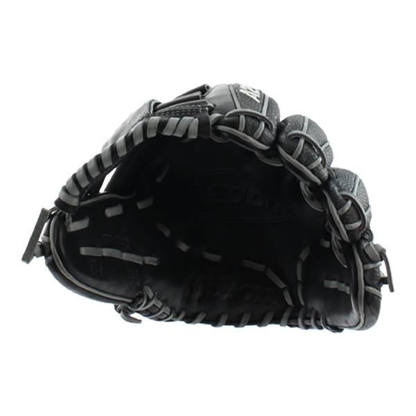 Inside view of a black baseball glove with white lacing and 2000 embossed on the palm.