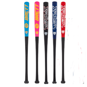 Front view of five baseball bats in blue, pink, black, navy, and red, each with "BRETT" or "ThunderX" text.