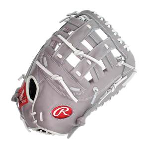Top-down view of a gray Rawlings R9 first base mitt with white lacing and a red R logo.