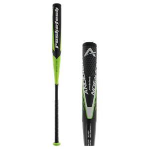 Side view of a black and green Anderson Rocketech bat with rocketech text and a honeycomb grip.