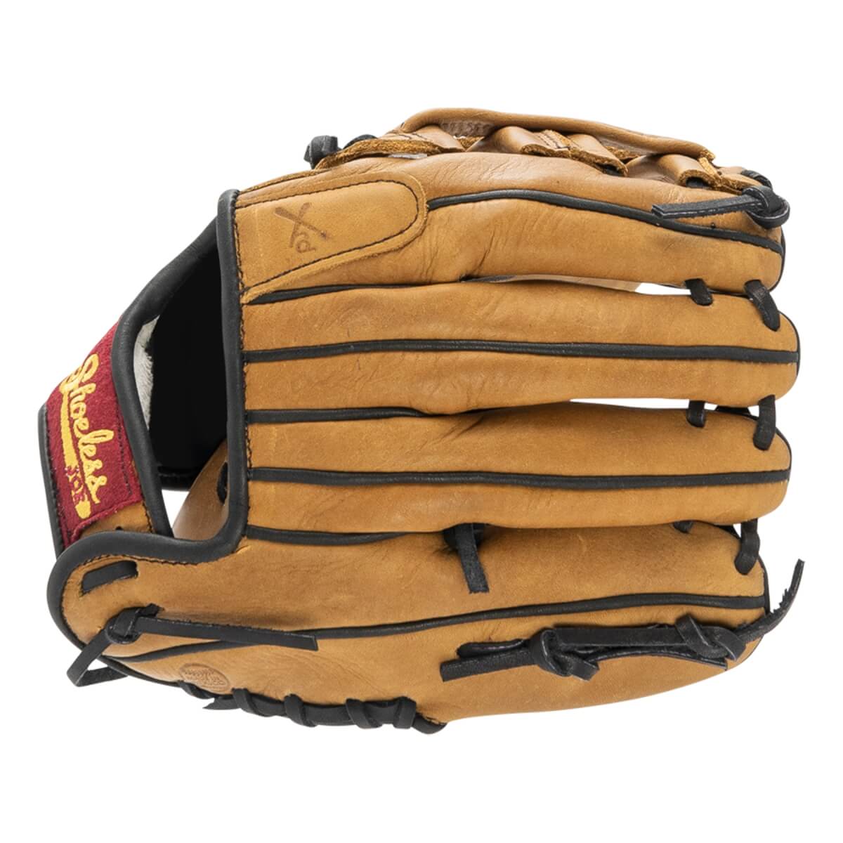 Side view of a tan baseball glove with black lacing, a red Shoeless wrist patch, and an embossed Xp logo.