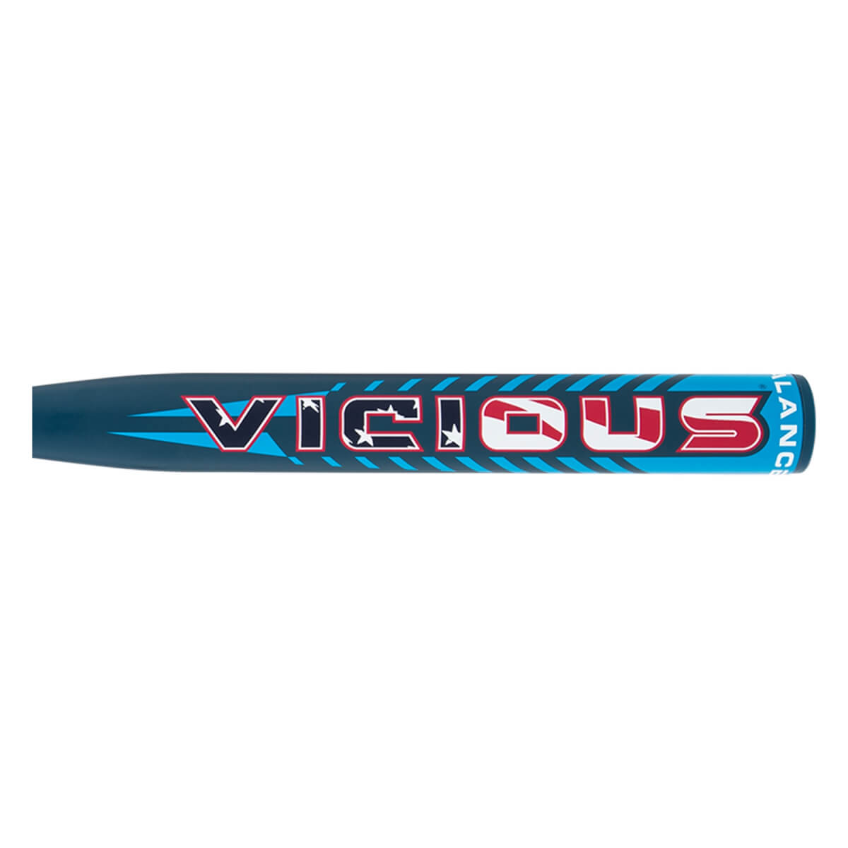 Side view of a dark blue softball bat with VICIOUS in red, white, and blue flag-patterned letters and light blue stripes. BALANCE is vertical.