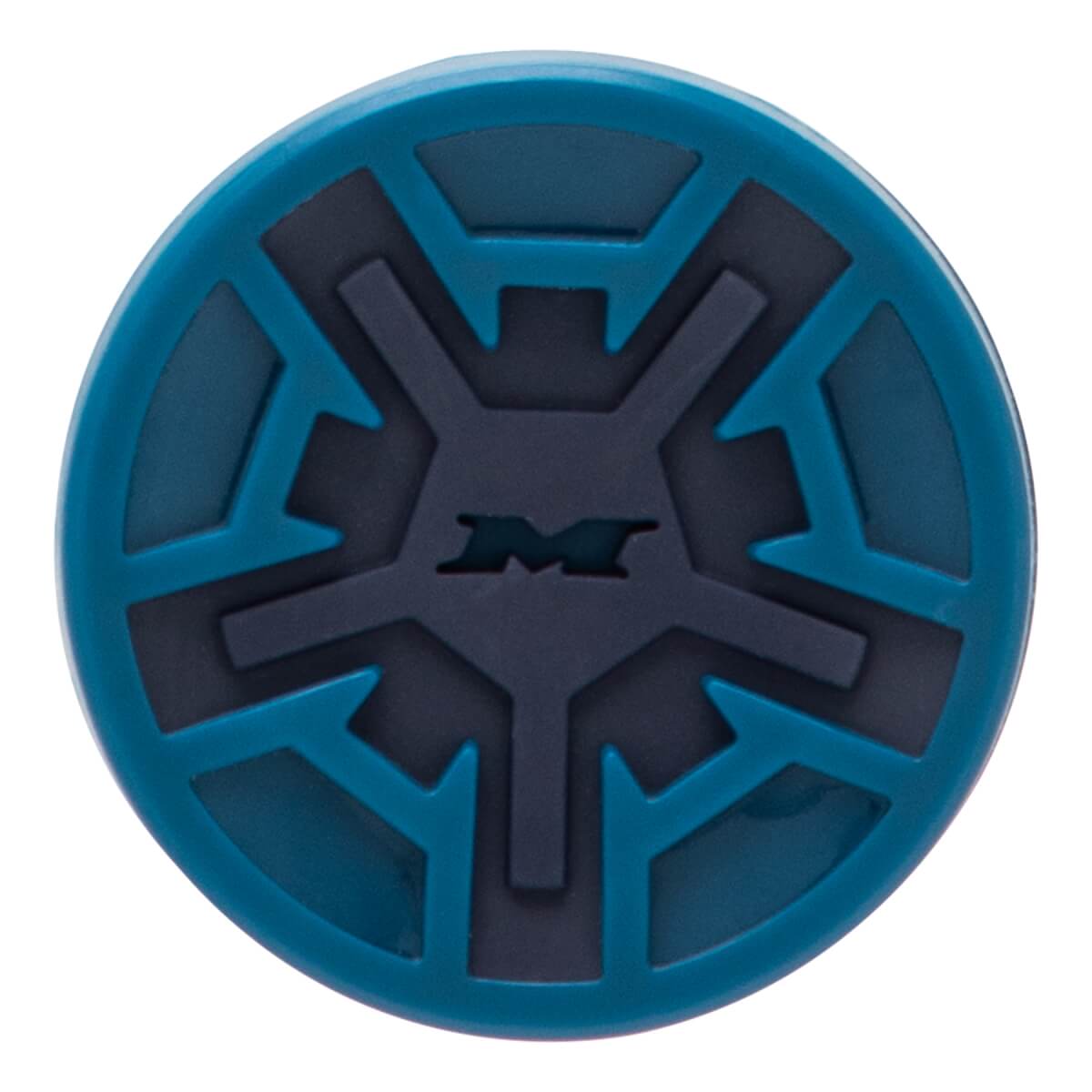 Top-down view of a teal and dark blue bat end cap with a raised geometric pattern and an M logo in the center.