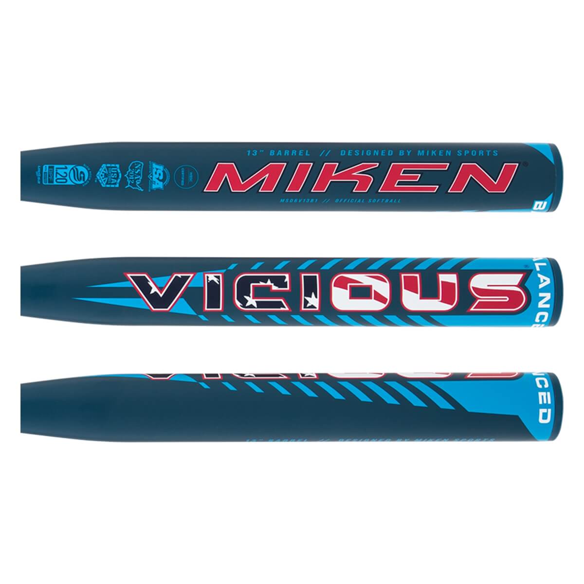 Detailed view of a dark blue softball bat with red MIKEN and VICIOUS text featuring stars and stripes.