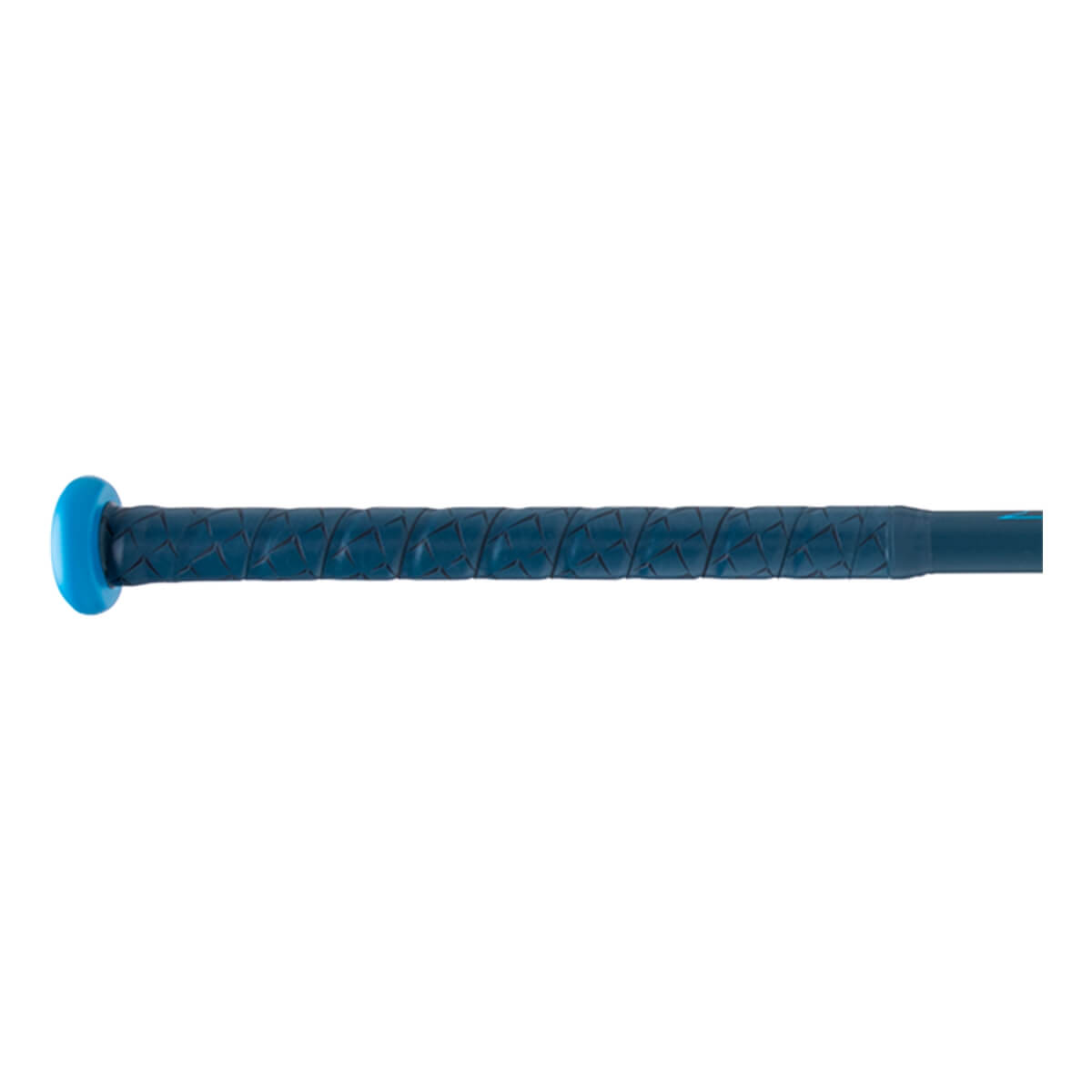 Side view of a dark blue softball bat handle with a criss-cross textured grip and a bright blue knob.