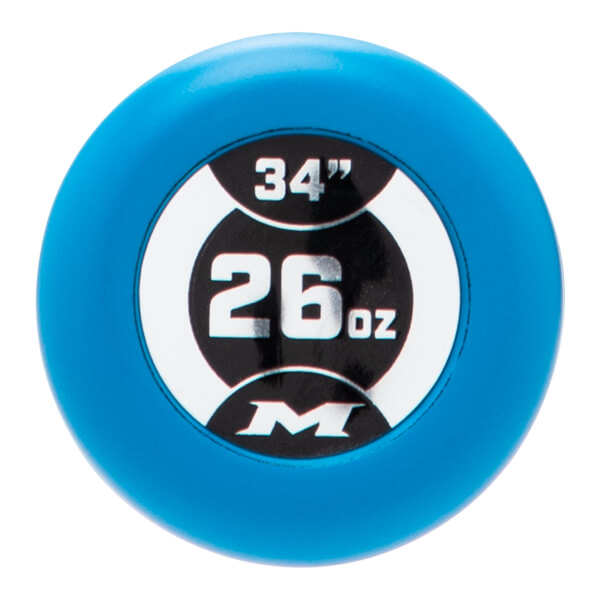 Top-down view of a blue softball bat end cap with a circular black and white design showing 34, 26oz, and an M logo.