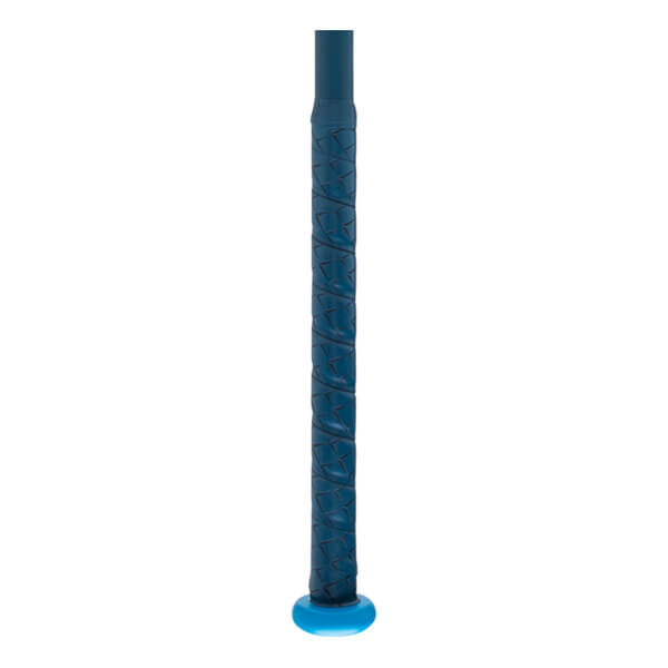 Close-up of a dark teal bat handle with a textured grip and a bright blue knob at the base.