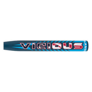 Side view of a dark blue softball bat with VICIOUS in red, white, and blue flag-patterned letters and light blue stripes. BALANCE is vertical.