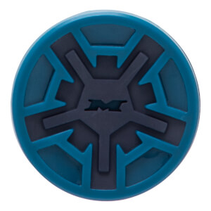 Top-down view of a teal and dark blue bat end cap with a raised geometric pattern and an M logo in the center.
