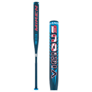 Side view and close-up of a dark blue softball bat with MIKEN in red and VICIOUS in red and blue on the barrel.