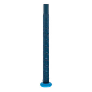 Close-up of a dark teal bat handle with a textured grip and a bright blue knob at the base.