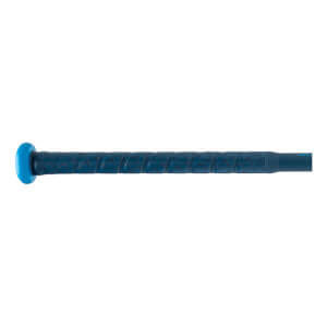 Side view of a dark blue softball bat handle with a criss-cross textured grip and a bright blue knob.