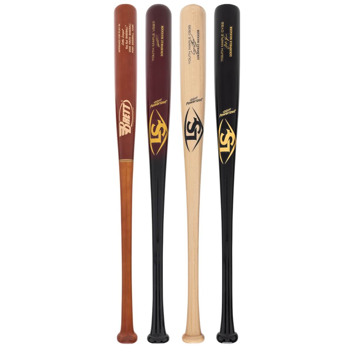 A selection of popular bats available in our Youth Wood 2-Pack Gold