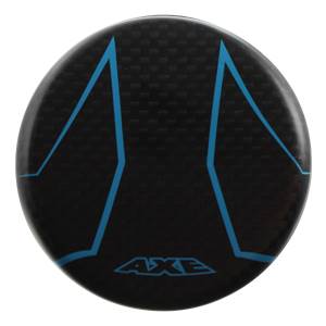 End view of a black baseball bat with blue geometric lines and the word AXE.