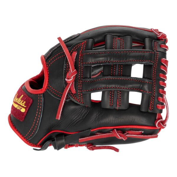 Angled front view of a black baseball glove with red lacing, red trim, and a Shoeless Joe logo patch.