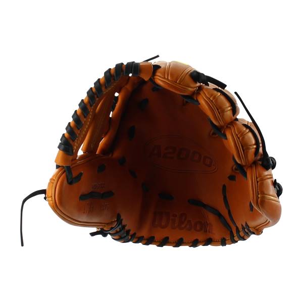 Top-down view of a tan baseball glove with black lacing and A2000 and Wilson branding.