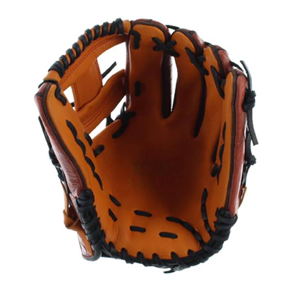 Interior view of a brown baseball glove with black lacing and a deep pocket.