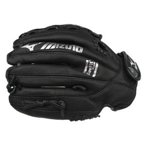 Top-down view of a black fastpitch glove with Mizuno logo and SureFit Foam text.