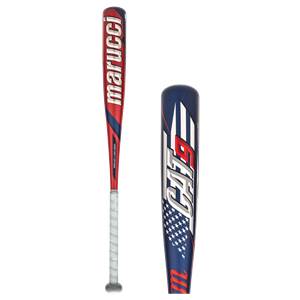 Composite view of a red, white, and blue baseball bat, highlighting the Marucci handle and patriotic CAT9 barrel.