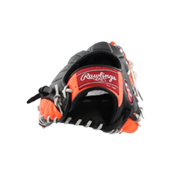 Top-down view of a black and orange baseball glove with white stitching and a Rawlings logo.