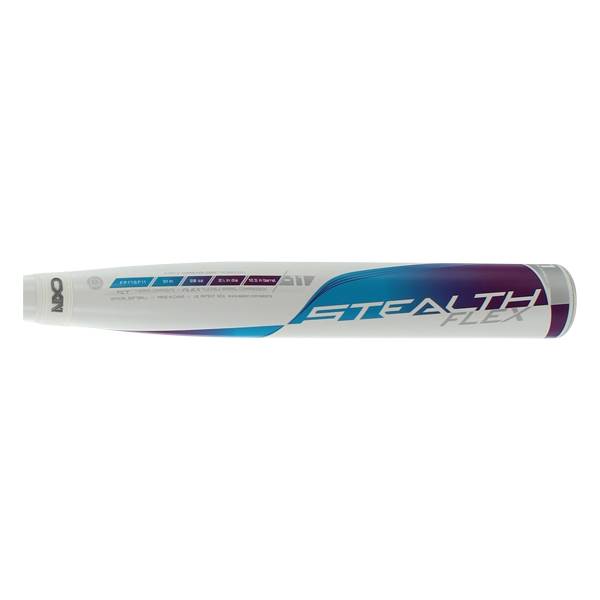 Side view of a white Easton Stealth Flex softball bat with blue and purple gradient and visible text.
