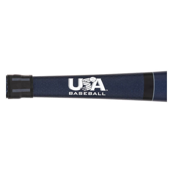 Side view of a navy baseball bat with USA BASEBALL logo and black grip.
