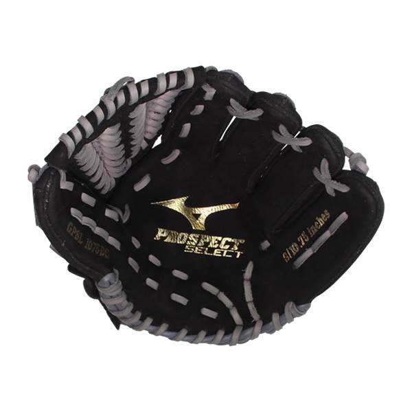Top-down view of a black baseball glove with gold PROSPECT SELECT logo and white stitching.