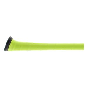 Side view of a neon yellow baseball bat with a black end cap and textured grip.