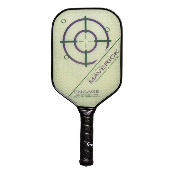 Front view of a light green pickleball paddle with a target design, Maverick text, and a black grip.