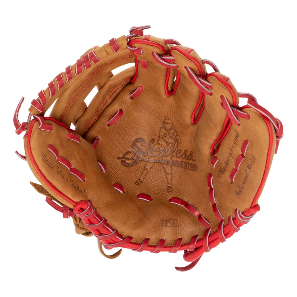 Top-down view of a tan and red baseball glove with an embossed Shoeless Joe logo, red lacing, and 1150 in the pocket.