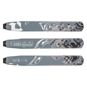 Multiple views of a gray fastpitch softball bat with WHISPER -9 text, swirling gray and black patterns, and certification logos.