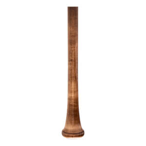 Close-up of a brown baseball bat handle with a flared taper, rounded knob, and visible wood grain.