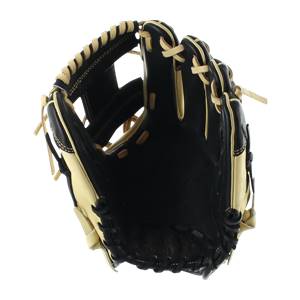 Close-up of a black and tan baseball glove with tan lacing and a deep pocket.
