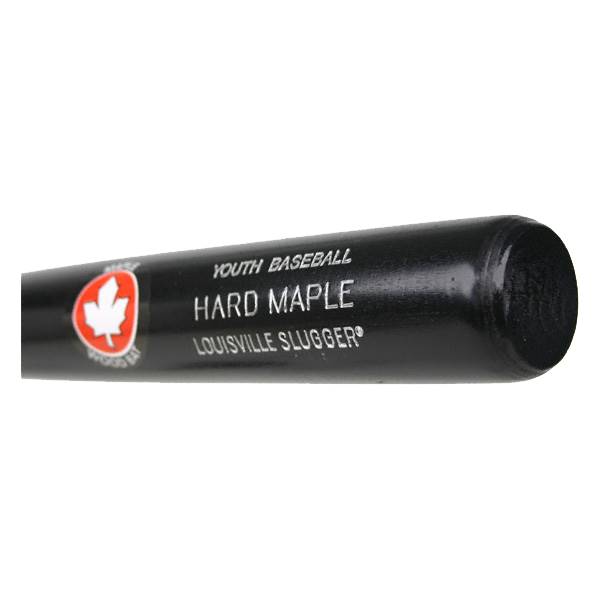 Close-up of a black Louisville Slugger youth baseball bat with HARD MAPLE text and a maple leaf logo.