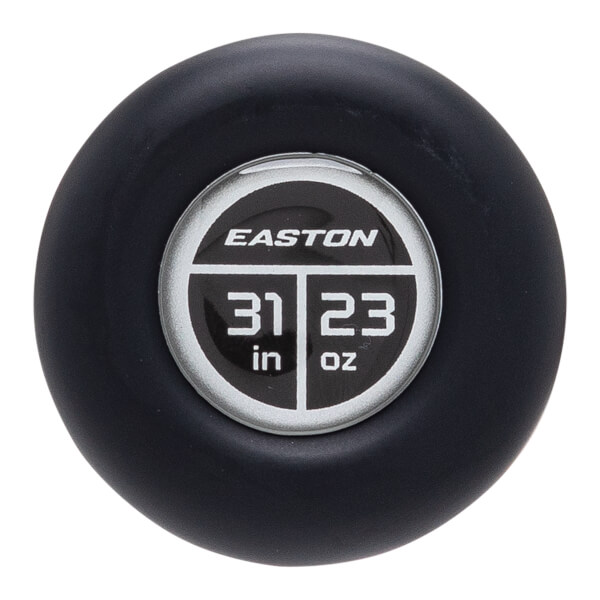 End cap view of a black Easton baseball bat with 31 in and 23 oz markings.