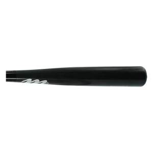 Side view of a black baseball bat with white Marucci logo.