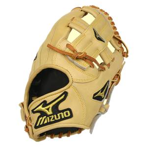 Front view of a tan baseball glove with a Mizuno logo and tan lacing.