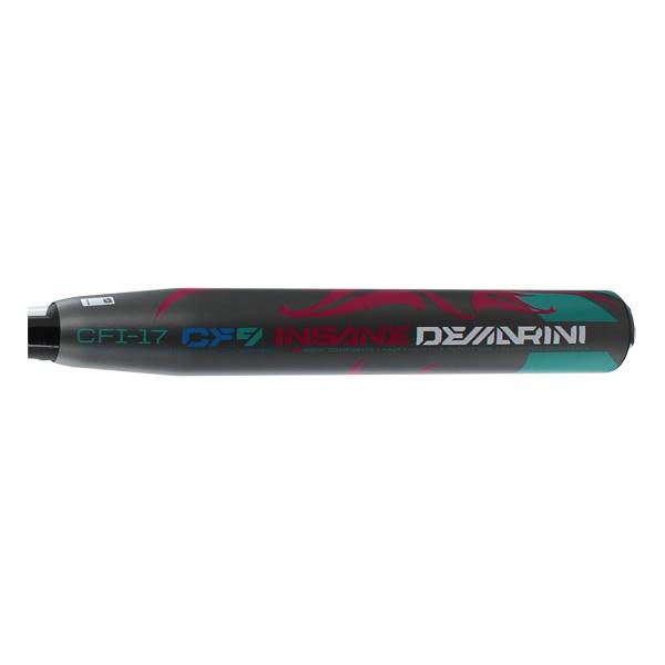 Side view of a black DeMarini CF9 Insane fastpitch bat with pink and teal graphics.