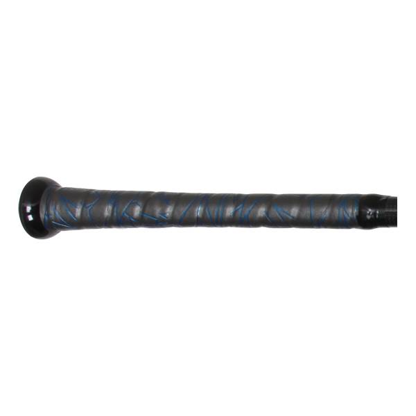 Side view of a black baseball bat with a textured grip and blue stitching.