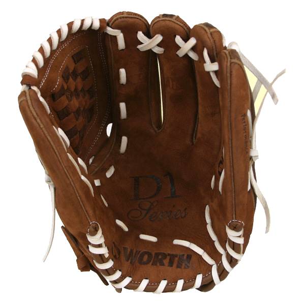 Top-down view of a brown baseball glove with white stitching, D1 Series text, and WORTH logo.