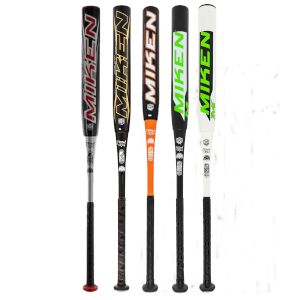 Front view of five Miken baseball bats in red, gold, orange, black, and white with green lettering, displaying various certifications.