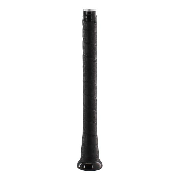 Close-up of a black baseball bat grip with a textured pattern and silver end cap.
