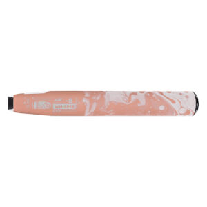 Side view of a peach and white fastpitch softball bat with WHISPER -8 text, a marbled pattern, and a black end cap.
