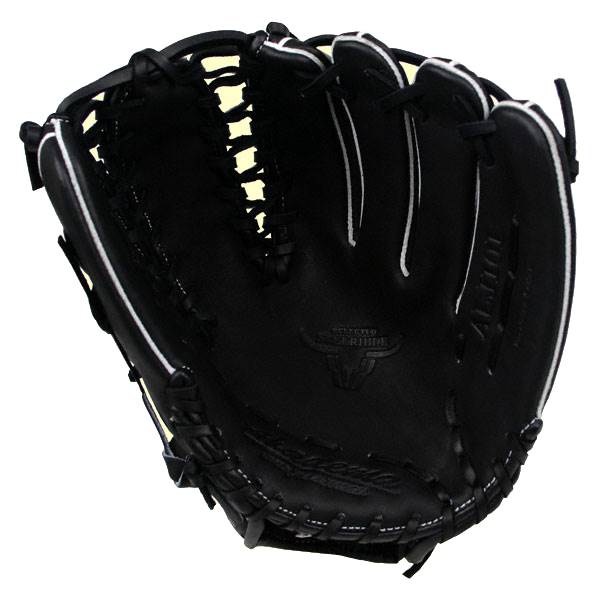 Interior view of a black baseball glove with white stitching and a bull logo.