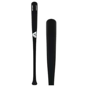 Side view of a black baseball bat with a white A logo and text.