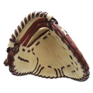 Side view of a tan and brown first base mitt with Diamond and 1B-275 visible.