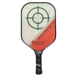 Front view of a white and orange pickleball paddle with a target design and ENCORE EX 6.0 text.