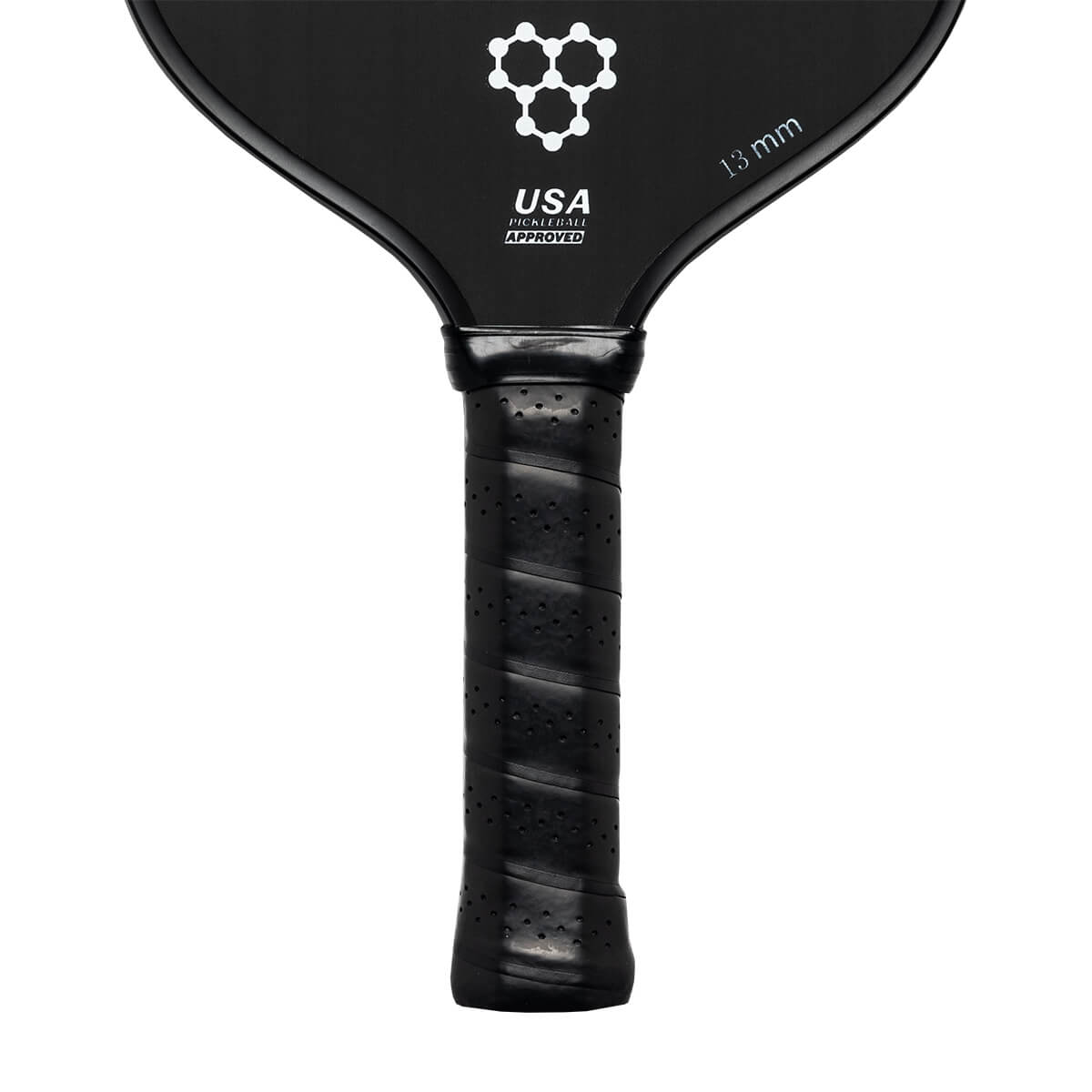 Top-down view of a black pickleball paddle with a honeycomb logo, USA PICKLEBALL APPROVED text, and 13 mm marking.