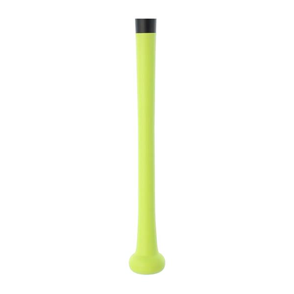 Side view of a lime green baseball bat with a black end cap.
